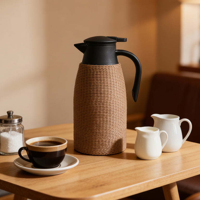 A tall insulated coffee carafe with a black lid and handle, wrapped in a natural woven straw sleeve, sits on a wooden table alongside a cup of coffee, a small white pitcher, and a glass jar of sugar in a warm indoor setting.