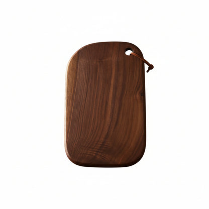 Person holding a wooden cutting board with text on a dark background