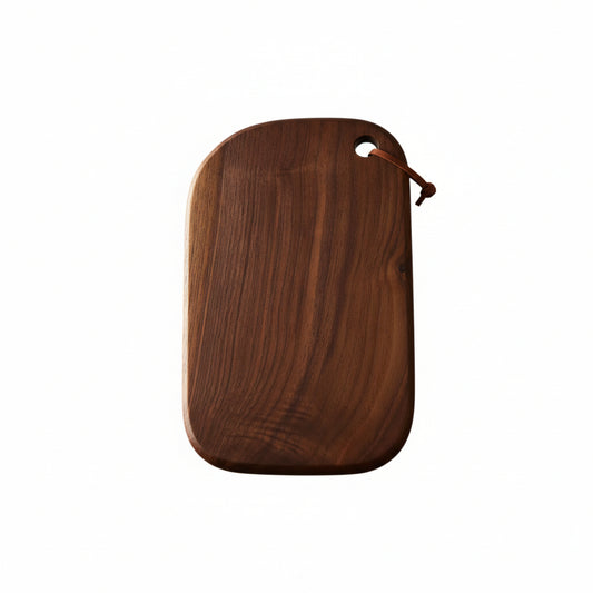 Person holding a wooden cutting board with text on a dark background